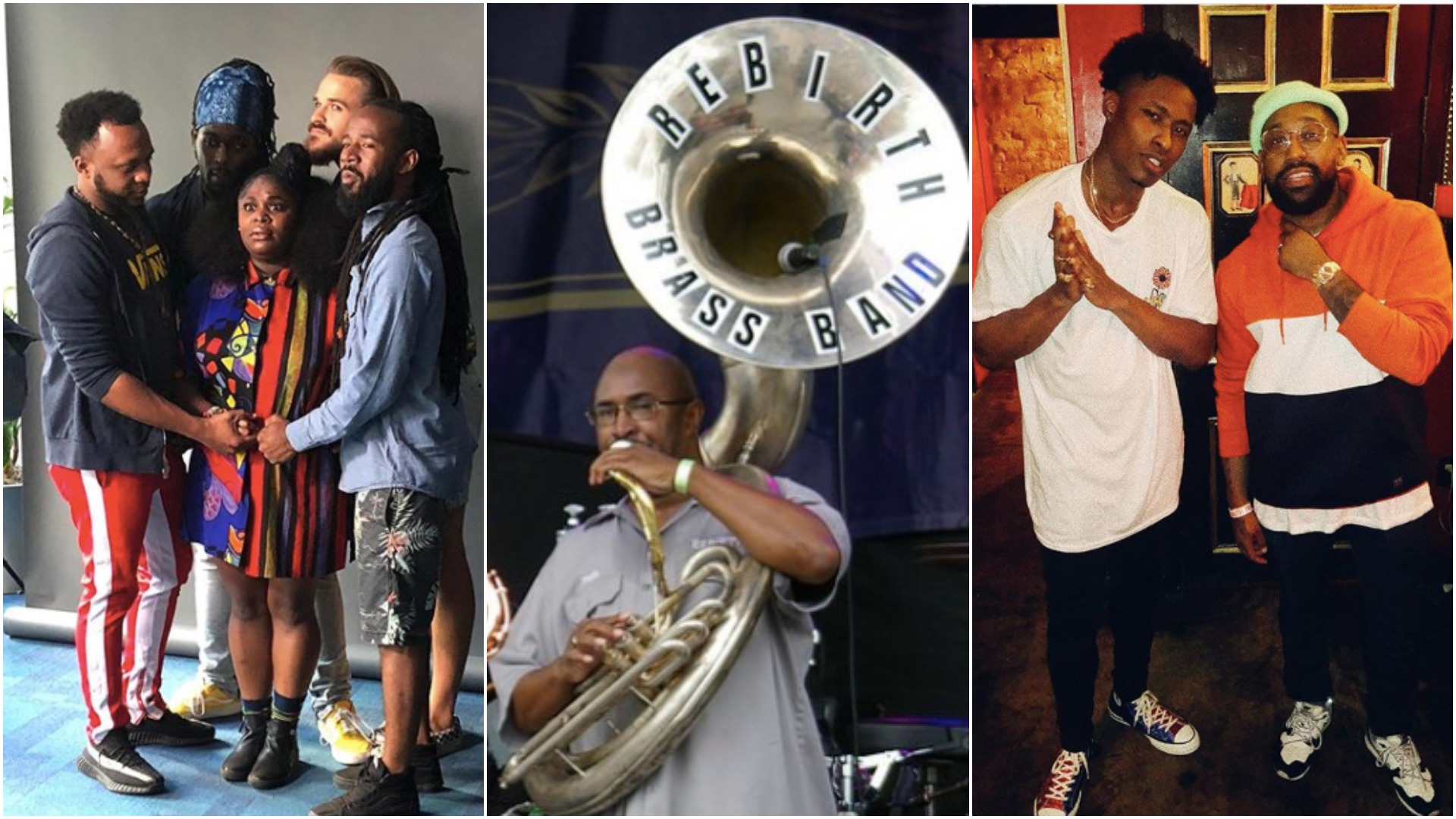 Tank and The Bangas, Rebirth Brass Band, and Lucky Daye and PJ Morton side by side