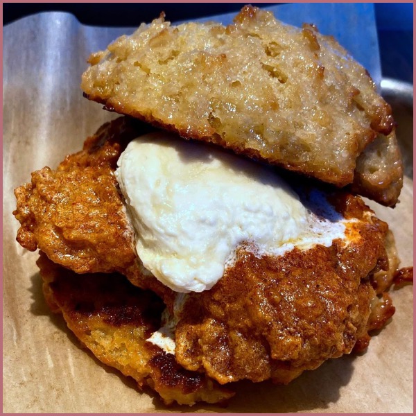 Hot Chicken & Honey Butter French Toast Biscuit at District Donuts